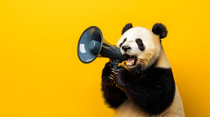 On the far left of the photo, a cute panda holds a megaphone against a yellow background, creating a fun and lively image ideal for announcements and promotions