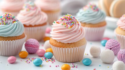 A table filled with various birthday treats, including cupcakes, candies, and cookies. Commercial photography, Natural soft pale skin.