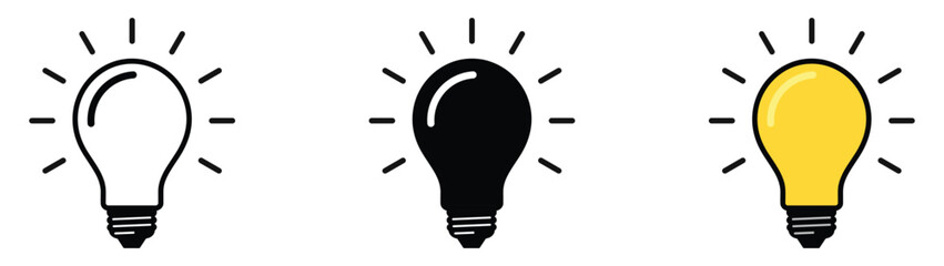Light bulb icon set. Idea icon. Lamp concept. Light bulb, isolated in modern outline, flat, and colored design. Vector illustration