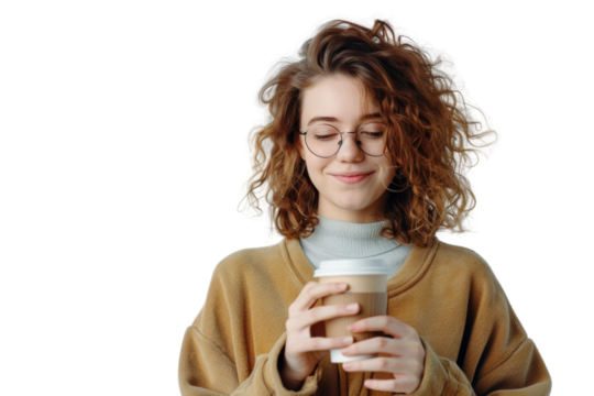 Woman enjoying a coffee break while browsing online Isolated on white background