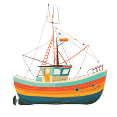 Colorful wooden fishing trawler featuring bright stripes, rigging, fishing equipment. Side view, detailed elements ladder, windows, mast illustrating maritime design. Cartoonstyle drawing smooth