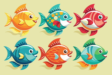 Naklejka premium Six Colorful Cartoon Fish with Smiling Faces