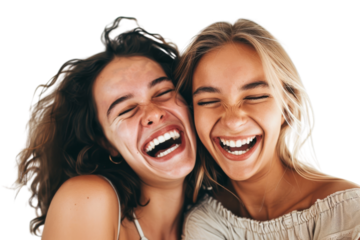 Two close friends posing with big smiles Isolated on white background