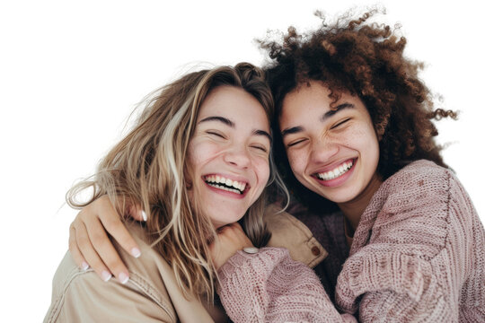 Two cheerful friends taking a selfie Isolated on white background