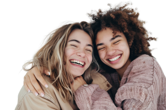 Two cheerful friends taking a selfie Isolated on white background