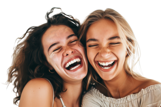 Two close friends posing with big smiles Isolated on white background