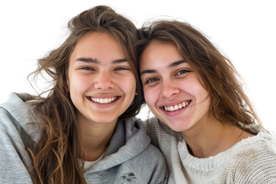 Two cheerful friends taking a selfie Isolated on white background