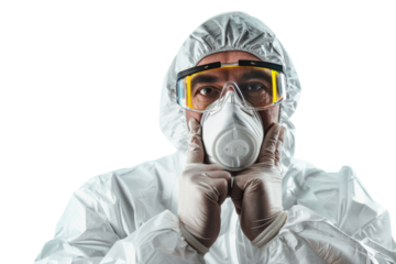 Thoughtful factory manager in protective gear reflecting isolated on white background