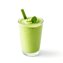 Matcha milkshake on glass, isolated on white background