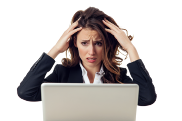 Stressed businesswoman typing on laptop, isolated on white background