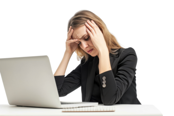 Stressed businesswoman typing on laptop, isolated on white background