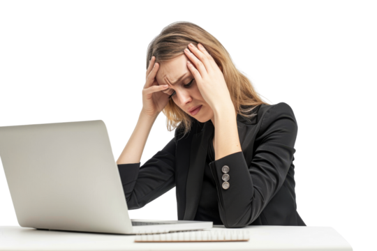 Stressed businesswoman typing on laptop, isolated on white background - Powered by Adobe