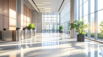 Fototapeta premium Modern office lobby, security turnstiles, floor-to-ceiling windows, abundant natural light, bright interior, polished marble floors, glass partitions, indoor plants, wooden accents.