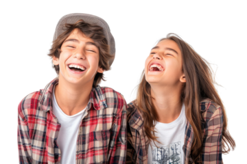 Teenagers sharing a funny moment together Isolated on white background
