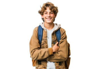 Teen boy standing with backpack, smiling, isolated on white background