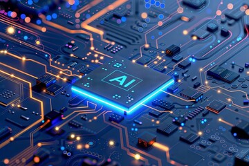 AI Circuitry. A digital visualization of an AI circuit board with glowing pathways and components.