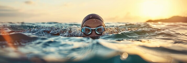 Asian woman swimming in the water preparing for a triathlon at the beach