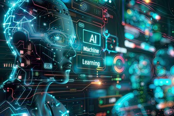 Fototapeta premium AI Mind Network. A digital representation of artificial intelligence, showcasing a complex network of connections and data flow, symbolizing the intricate workings of AI systems.