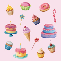 Delicious pink and tasty sweets Birthday cakes candies muffins and donut
