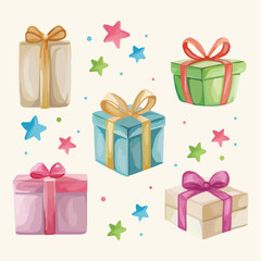 Set of different colors and sizes presents for birthday card