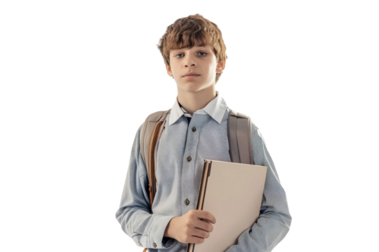 Teen boy standing with a book, school uniform, isolated on white background