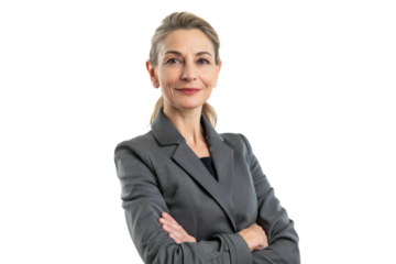 Successful middle aged businesswoman with ponytail in formal attire Isolated on white background
