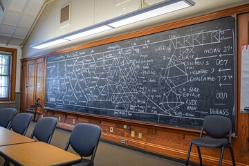 A photo of a chalkboard filled with complex mathematical equations and geometric diagrams in a well-lit classroom during midday