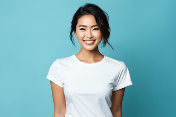 Obraz premium A cheerful woman in a white shirt stands against a blue background smiling at the camera, suitable for promoting positive emotions, advertising casual wear
