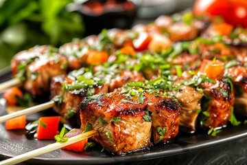 Delicious Grilled Meat Skewers with Fresh Herbs and Vegetables on a Black Plate