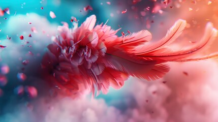 A colorful image of a flower with pink petals and red feathers