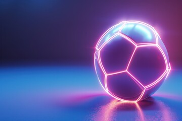 Fototapeta premium A neon soccer ball is lit up in a dark background. The ball is surrounded by a glowing line, giving it a futuristic and otherworldly appearance