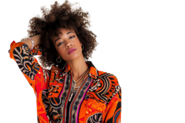 Stylish afro woman posing with one arm akimbo, fashionable clothes, Isolated on white background