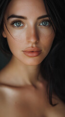 Obraz premium A stunning close-up portrait featuring a beautiful woman with green eyes, bare shoulders, fit body, and slightly freckled skin