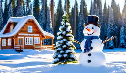 Naklejka premium Snowman on the background of a winter landscape