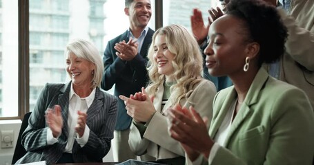 Meeting, applause and business people in conference room for presentation, company workshop or achievement. Team, staff and happy with diversity clapping hands for celebration, success or good news