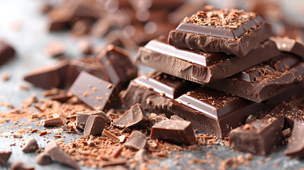 Pieces of tasty chocolate on grey wooden table, closeup view