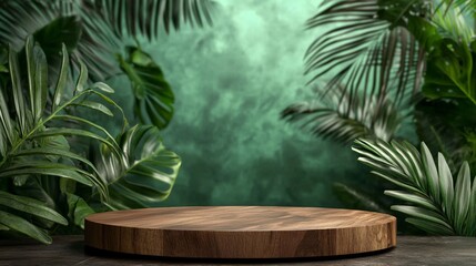 Fototapeta premium Tropical Product Paradise: A rustic wooden podium amidst lush tropical foliage, set against a vibrant green backdrop, perfect for showcasing natural or eco-friendly products. 