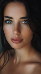 Fototapeta premium A stunning close-up portrait featuring a beautiful woman with green eyes, bare shoulders, fit body, and slightly freckled skin