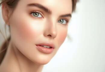 Naklejka premium closeup headshot portrait of a white woman with captivating green eyes, showcasing her beautiful face isolated on a white background