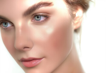 Fototapeta premium closeup headshot portrait of a white woman with captivating green eyes, showcasing her beautiful face isolated on a white background
