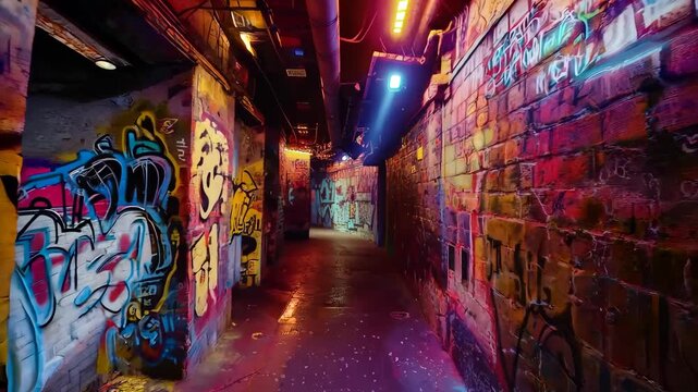 Strolling through a colorful alley with neon graffiti