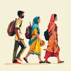 Three rural individuals walking, backpacks carried, clothing worn. Three rural Indian people hiking, outfits, backpacks, side view, journey, migration, vector art villagers