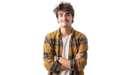 Smiling young man in casual attire, hands in pockets, isolated on white background