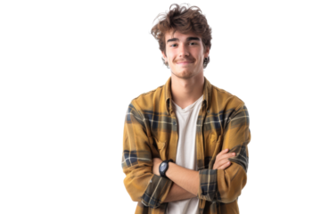 Smiling young man in casual attire, hands in pockets, isolated on white background