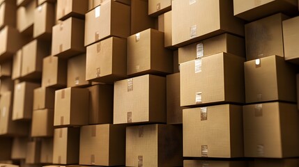 Stacks of cardboard boxes, uniform brown color, various sizes, close-up view, warehouse storage, packaging and shipping concept, organized chaos, repeating patterns.