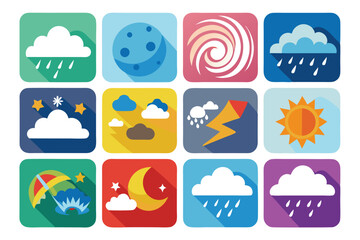 Obraz premium Colorful Weather Icons with Flat Design and Long Shadows
