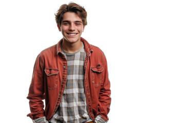 Fototapeta premium Smiling young man in casual attire, hands in pockets, isolated on white background