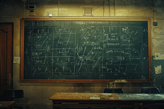 A photo of a classroom blackboard filled with neatly written equations and diagrams with chalk residue on the surface