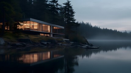 Fototapeta premium Modern Cabin by the Lake: Tranquil Retreat in Nature
