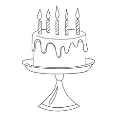 Tasty birthday cake on a tray with 5 candles outline for coloring on a white background